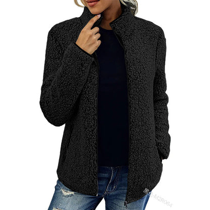 Damen Fleecejacke Flauschig Warm mit Kragen und Taschen