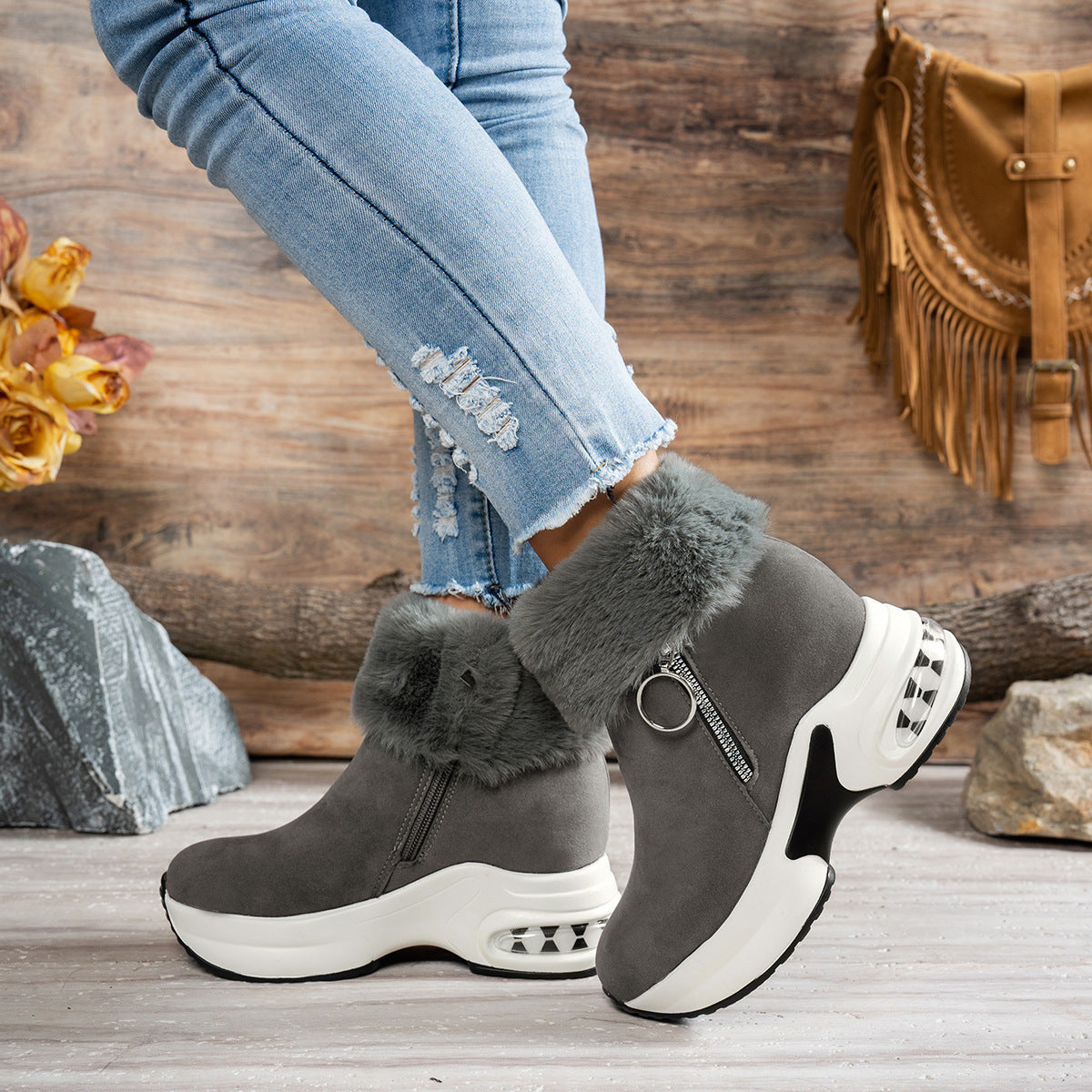 Damen Stiefel Sneaker mit Weichem Fellkragen Trendy Reißverschluss