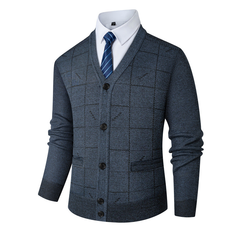 Herren Strickjacke V-Ausschnitt Modern Karomuster Grau