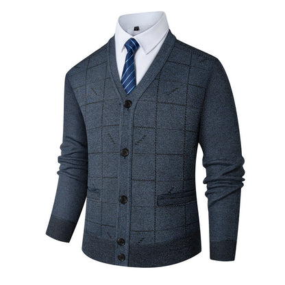 Herren Strickjacke V-Ausschnitt Modern Karomuster Grau
