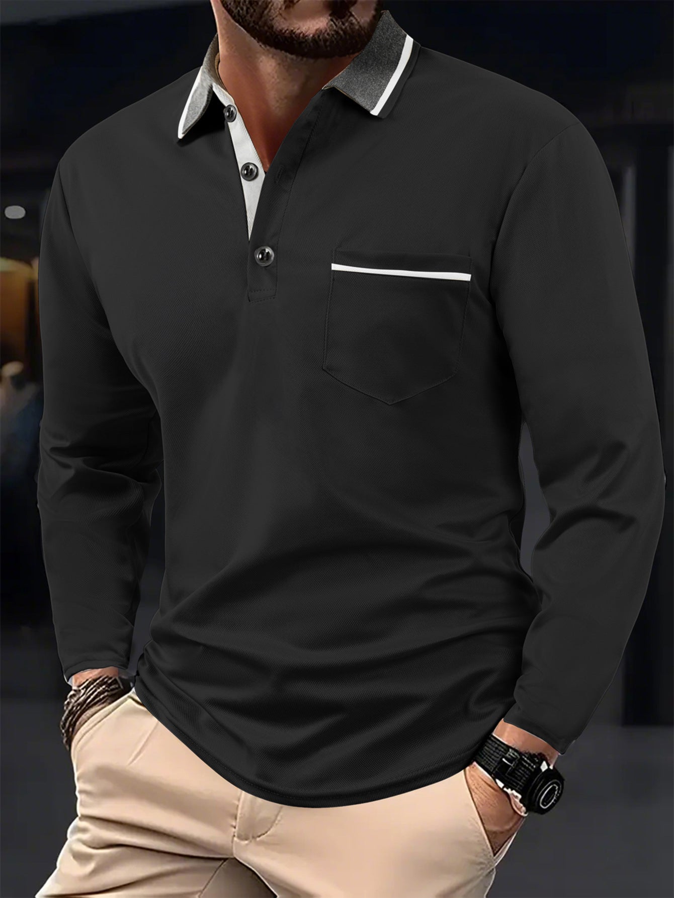 Herren Poloshirt Langarm Strukturiert Kragen Tasche Modern