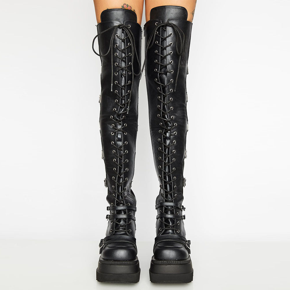 Damen Plateau Stiefel Hoch mit Reißverschluss und Schnürsenkel Schwarz