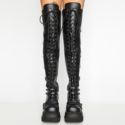 Damen Plateau Stiefel Hoch mit Reißverschluss und Schnürsenkel Schwarz