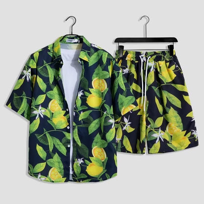 Herren Sommer Set Kurzarm Hemd Badeshorts Tropisches Muster