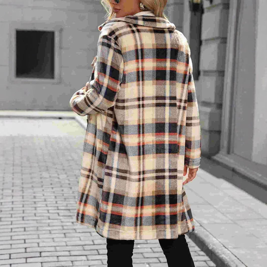 Damen Wintermantel Karierter Oversized mit Taschen und Knöpfen