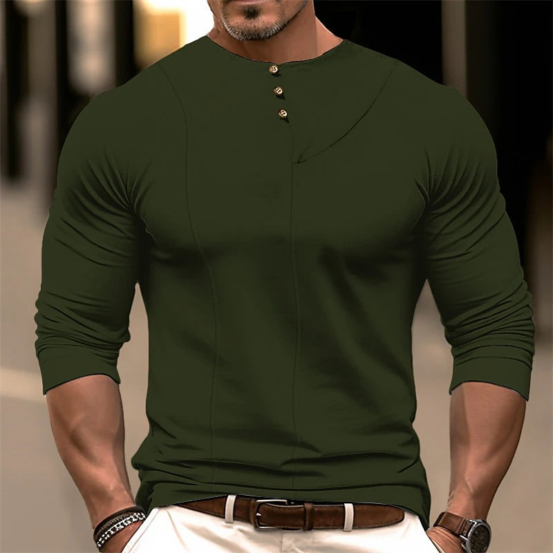 Herren Langarmshirt Modern Henley Ausschnitt Knöpfe Style