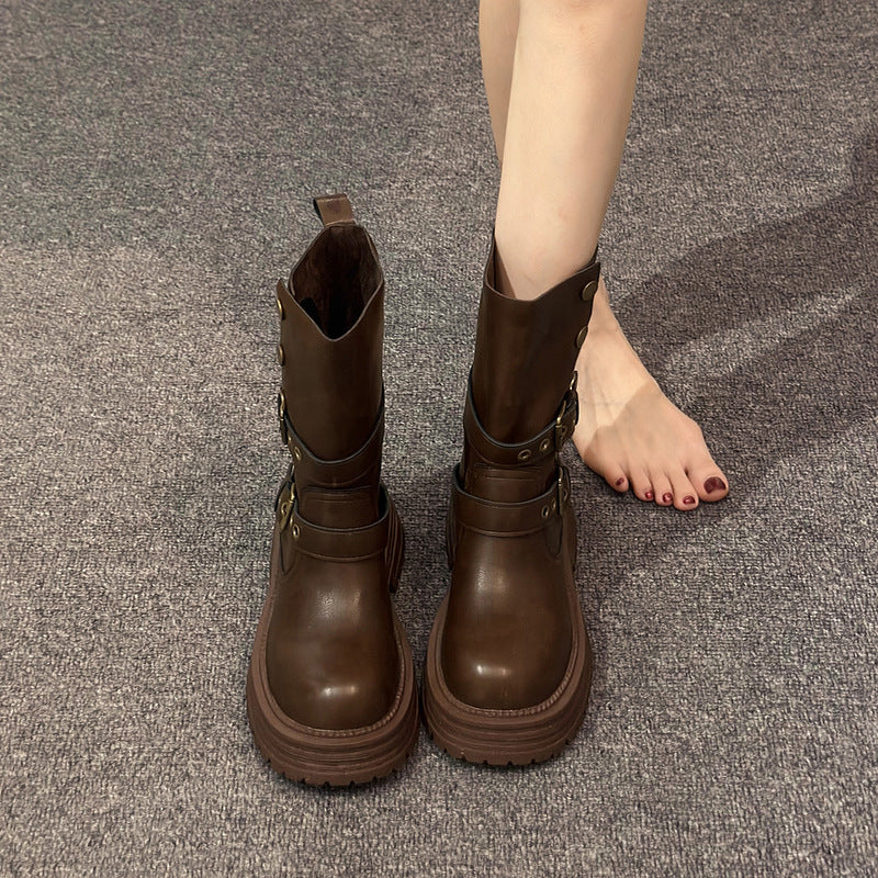 Damen Stiefeletten Schnalle Plateau Schuhe Robust Modern