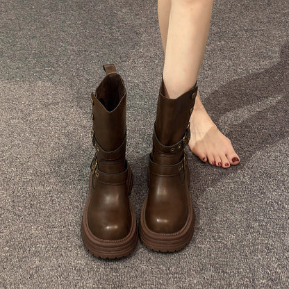 Damen Stiefeletten Schnalle Plateau Schuhe Robust Modern