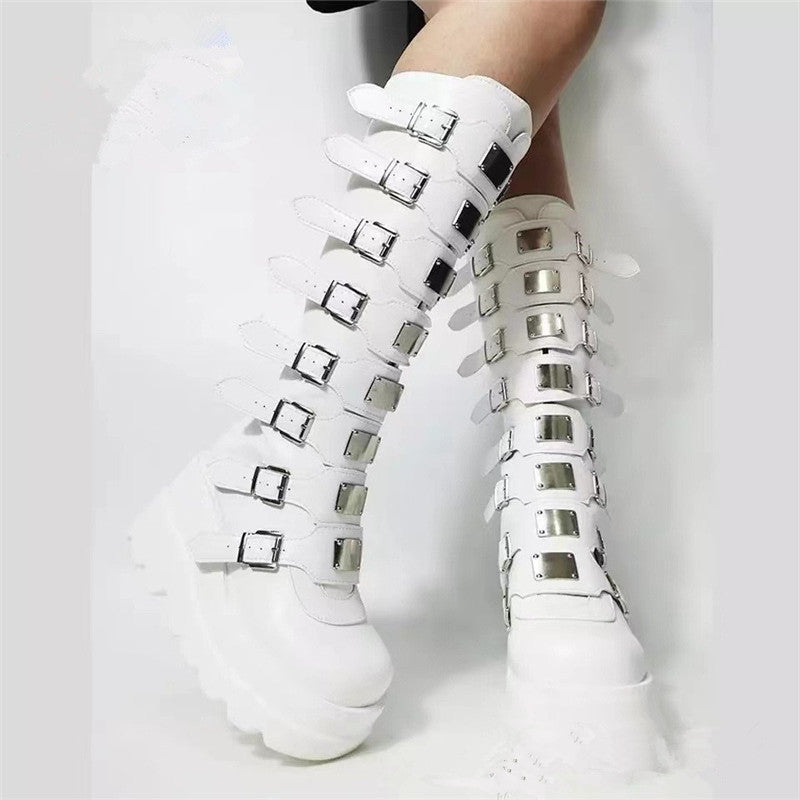 Damen Plattformstiefel Schnallen-Design Stabil Modisch