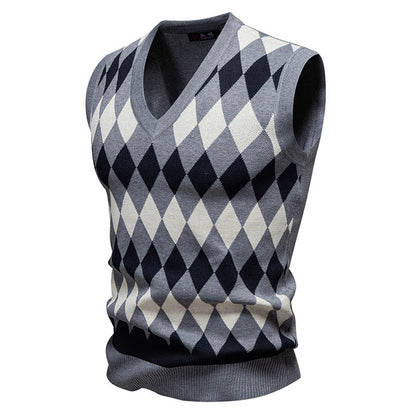Herren Ärmelloser Pullover Rautenmuster V-Ausschnitt Modern