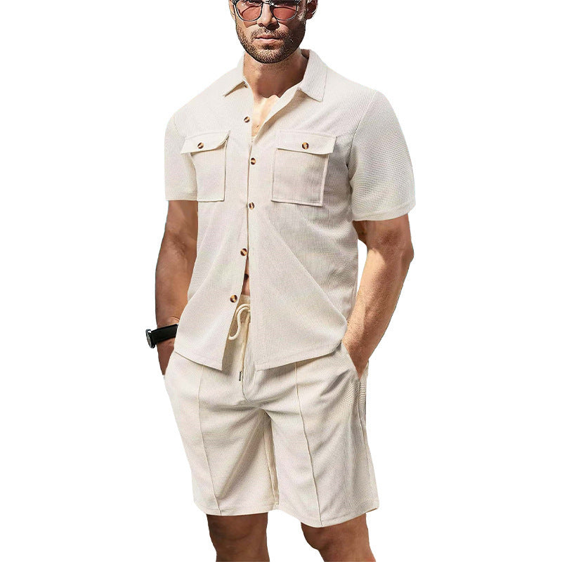 Herren Kurzarmhemd Shorts Set Sommer mit Taschen