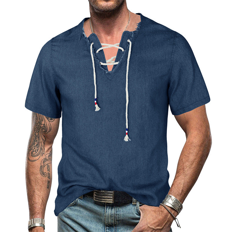 Herren T-Shirt Kurzarm V-Ausschnitt Modern Schnürung