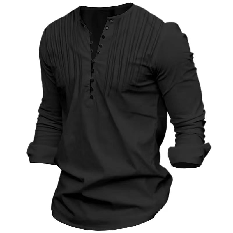 Herren Langarmshirt Elegant mit Knöpfen und Falten Modern