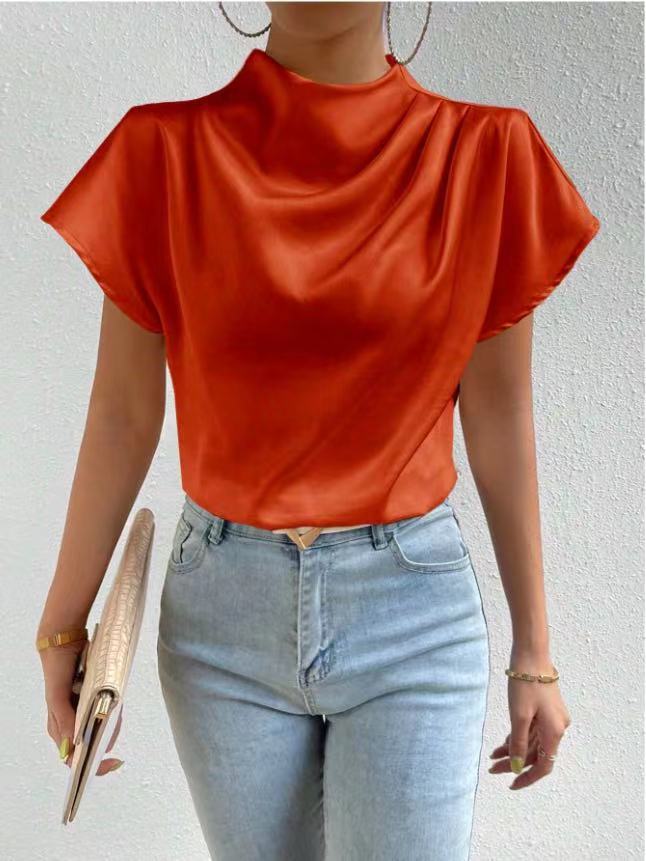 Damen Bluse Satin Stehkragen Elegante Mode