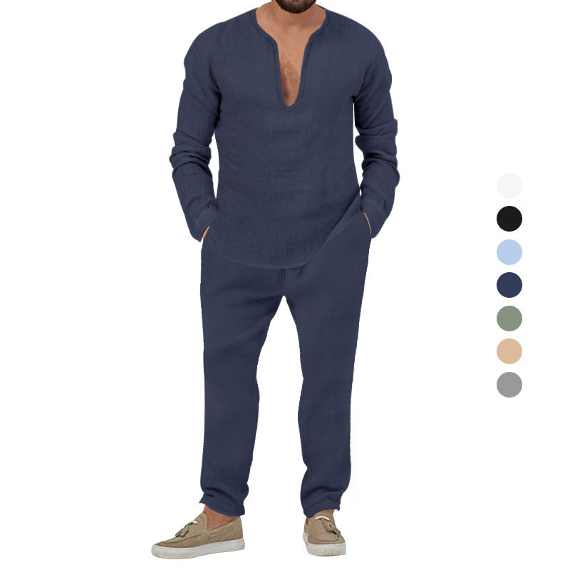 Herren Leinenanzug Set Elegantes Loungewear Stehkragen Modern