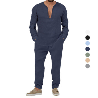 Herren Leinenanzug Set Elegantes Loungewear Stehkragen Modern