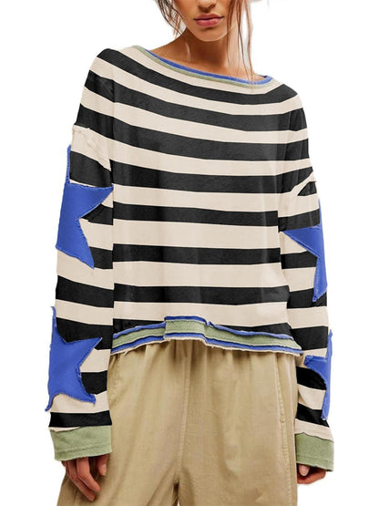 Damen Sweatshirt Lässig Gestreift Mit Sternen