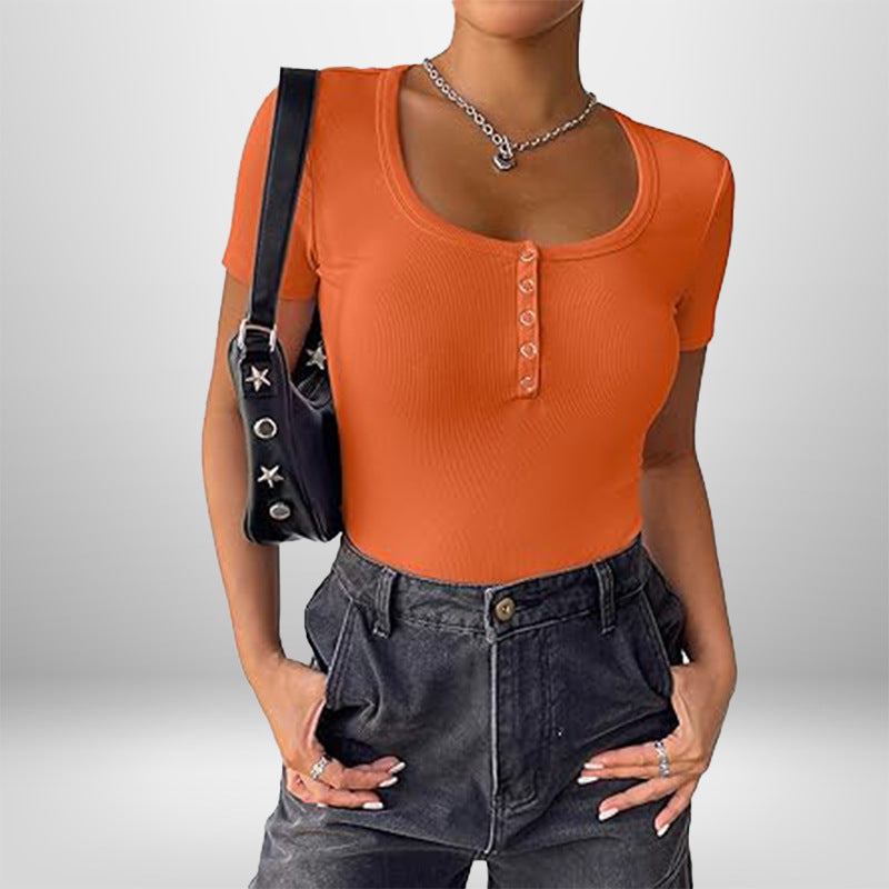 Damen Bodysuit Kurzarm Figurformend Mit Knöpfen