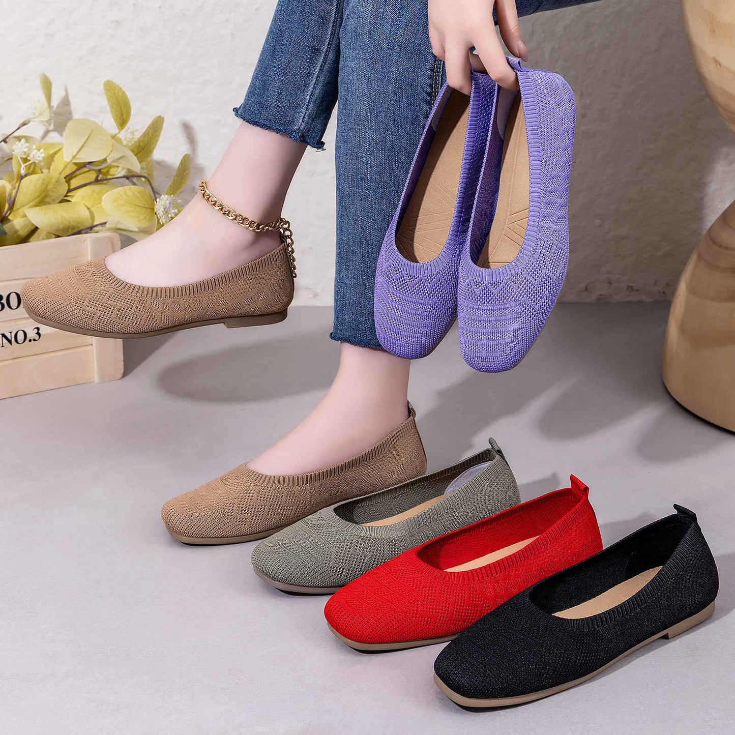 Damen Ballerinas Bequem Strick Schuhe Frauen