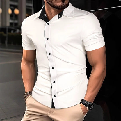 Herren Kurzarmhemd Modern Kontrastkragen Schick - BerlinGlamour