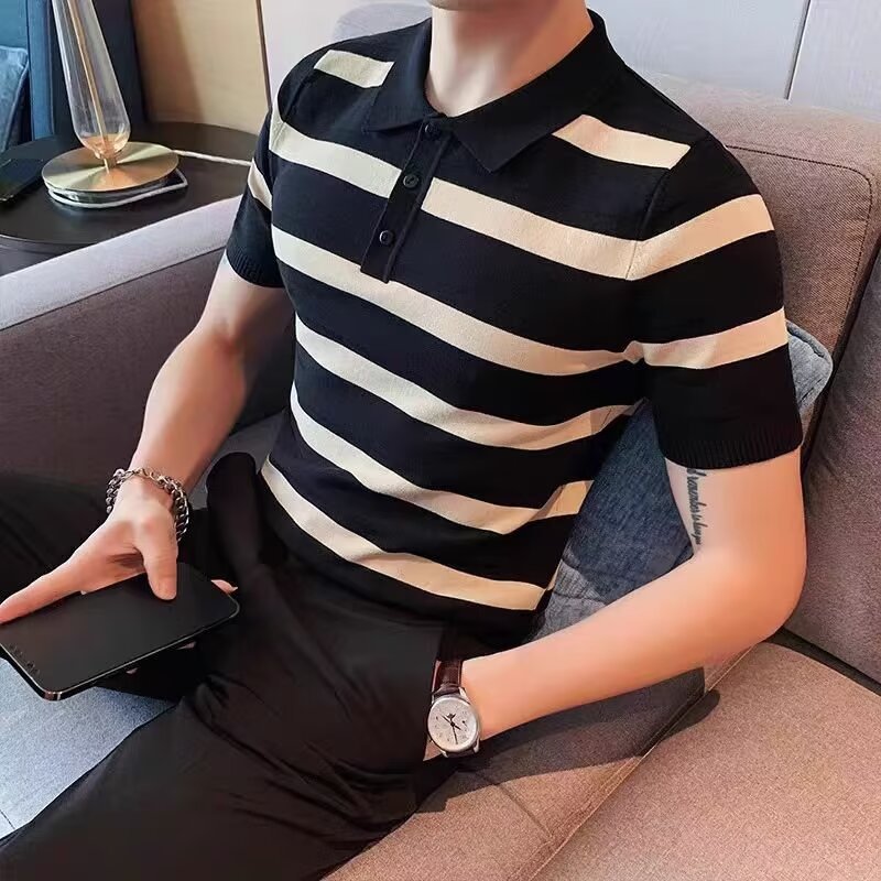 Herren Poloshirt Kurzarm Streifenmuster Modern Sportlich