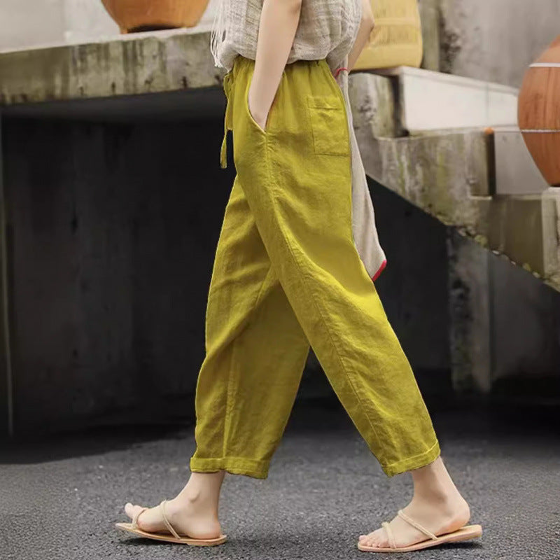 Damen Leinenhose Bequem Elastisch Mit Taschen - BerlinGlamour