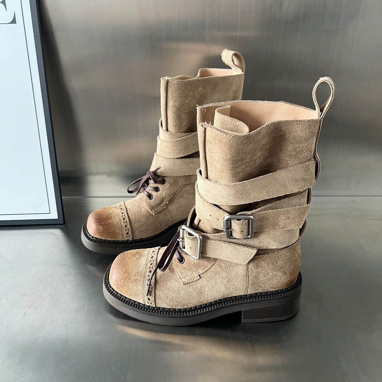 Damen Stiefel Elegante Schnalle Riemen Verstellbar Schwarz