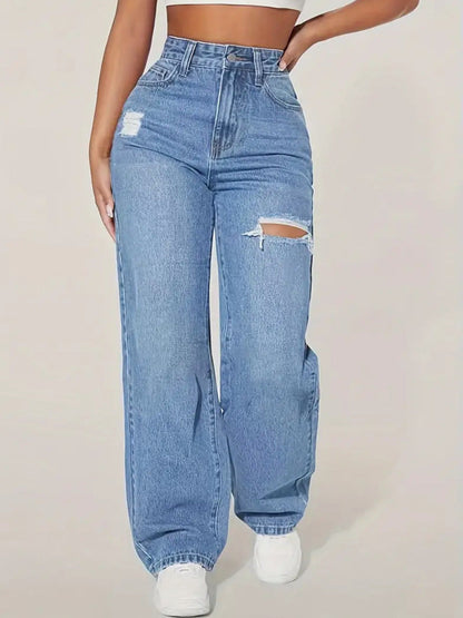 High-Waist Ripped-Jeans Gerades Bein Trendy Damen - BerlinGlamour