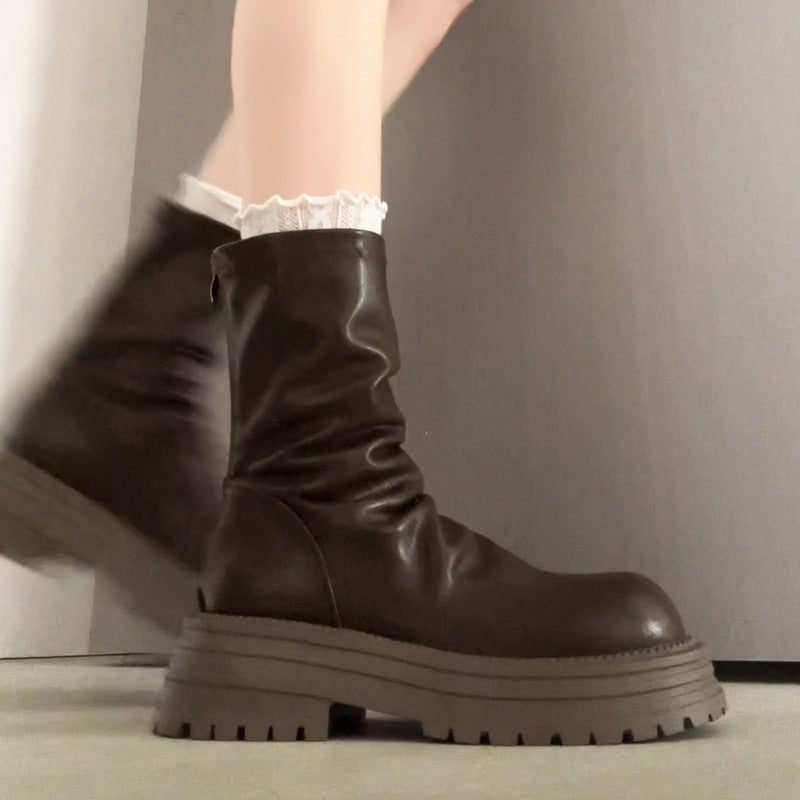 Damen Stiefel Breite Sohle Elegant Falten Design