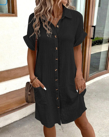 Kleid Damen Hemd mit Knöpfen und Taschen Elegant