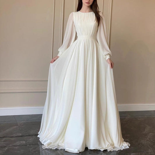 Hochzeitskleid Weißes Rundhalsausschnitt Lange Ärmel Durchsichtig - BerlinGlamour