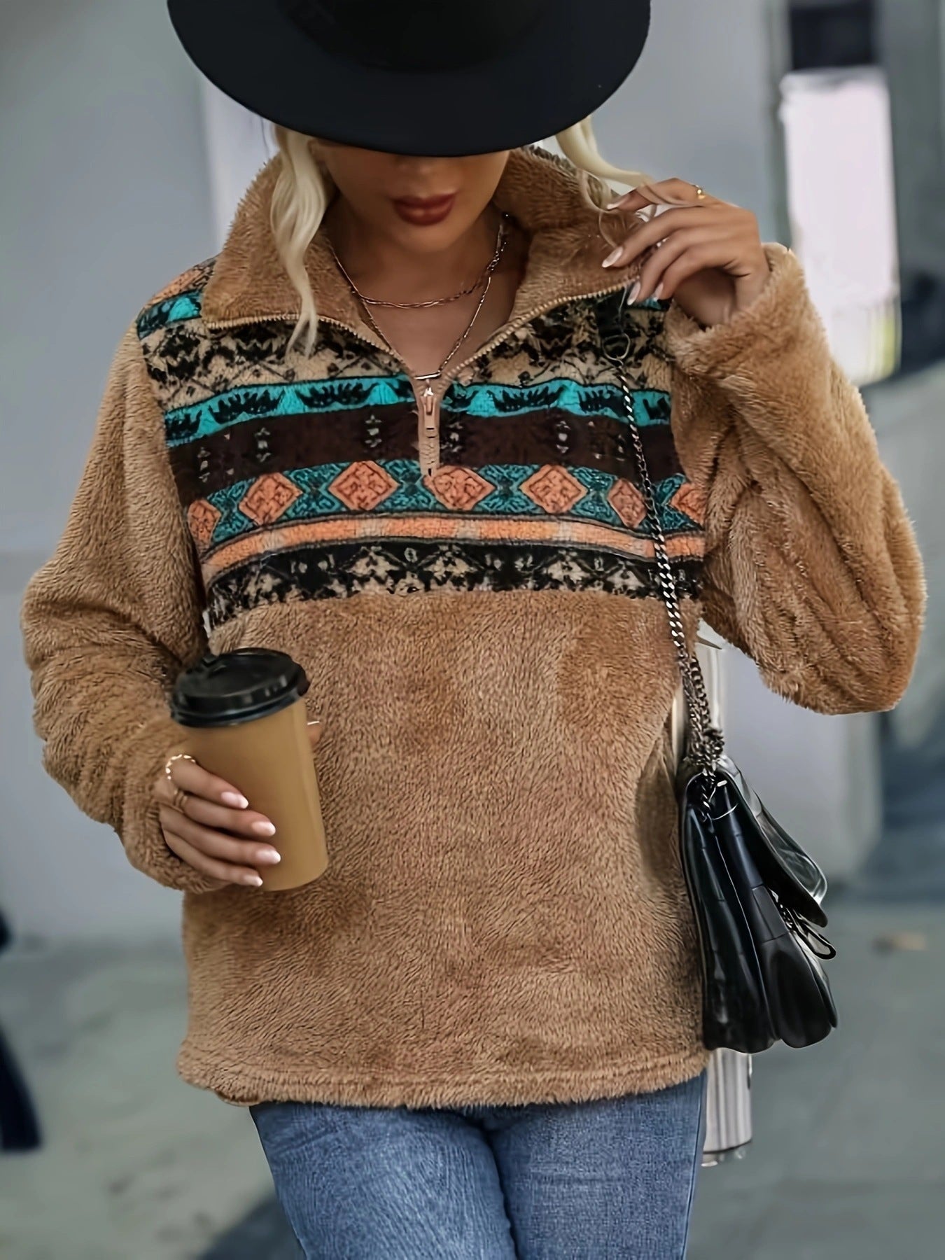 Damen Fleece-Pullover Blumenmuster Halbhoch Reißverschluss
