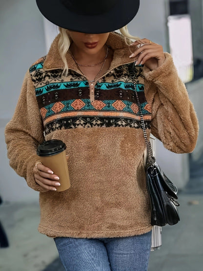 Damen Fleece-Pullover Blumenmuster Halbhoch Reißverschluss