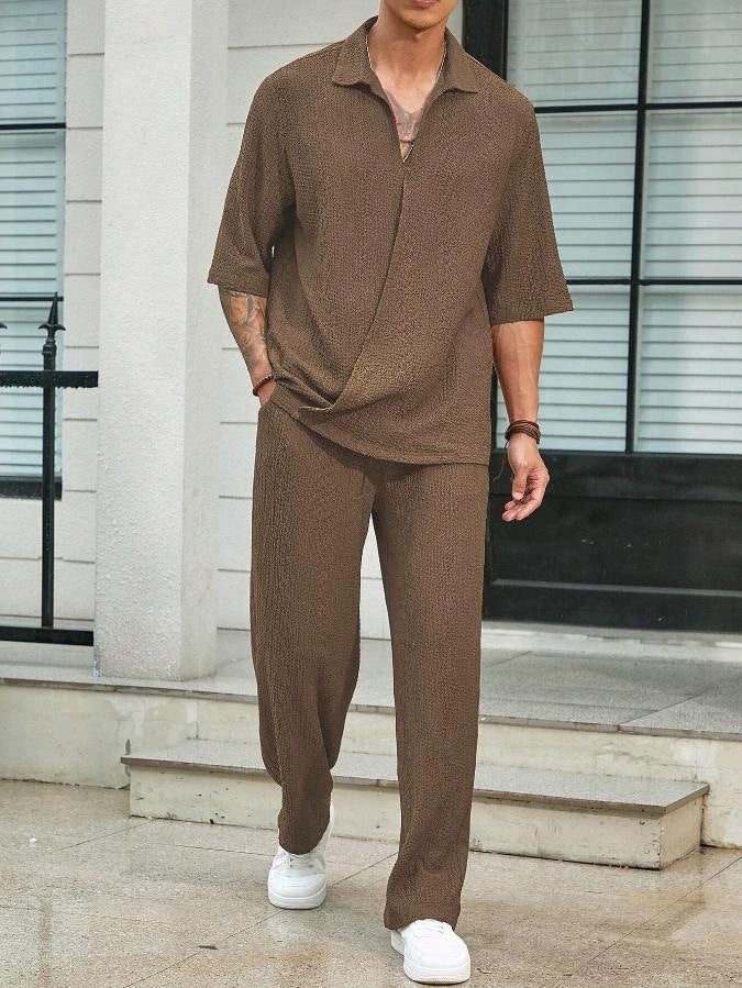 Herren Freizeitanzug Bequem Relaxed Fit mit Struktur Oberteil und Weite Hose