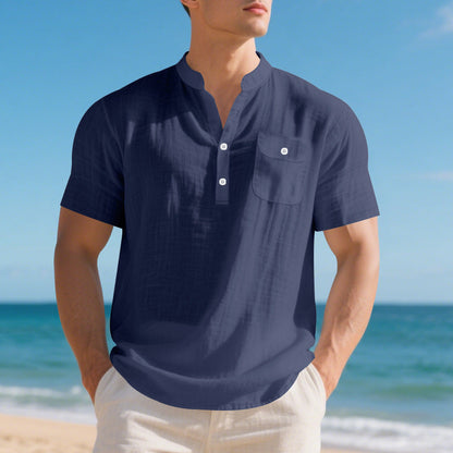 Herren Hemd Kurzarm Henley Kragen mit Brusttasche Modern