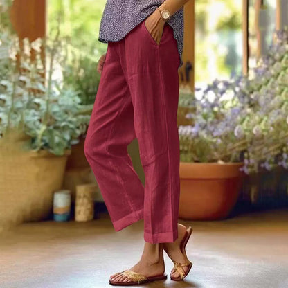 Damen Leinenhose Weit Bequem Mit Taschen