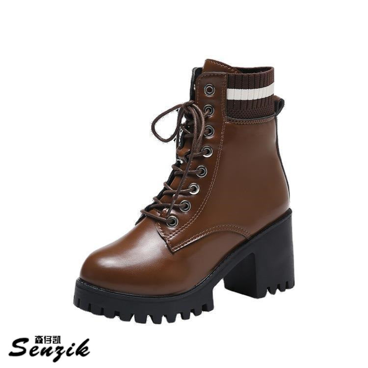 Damen Stiefel Schnürstiefel mit Blockabsatz Robust und Elastisch