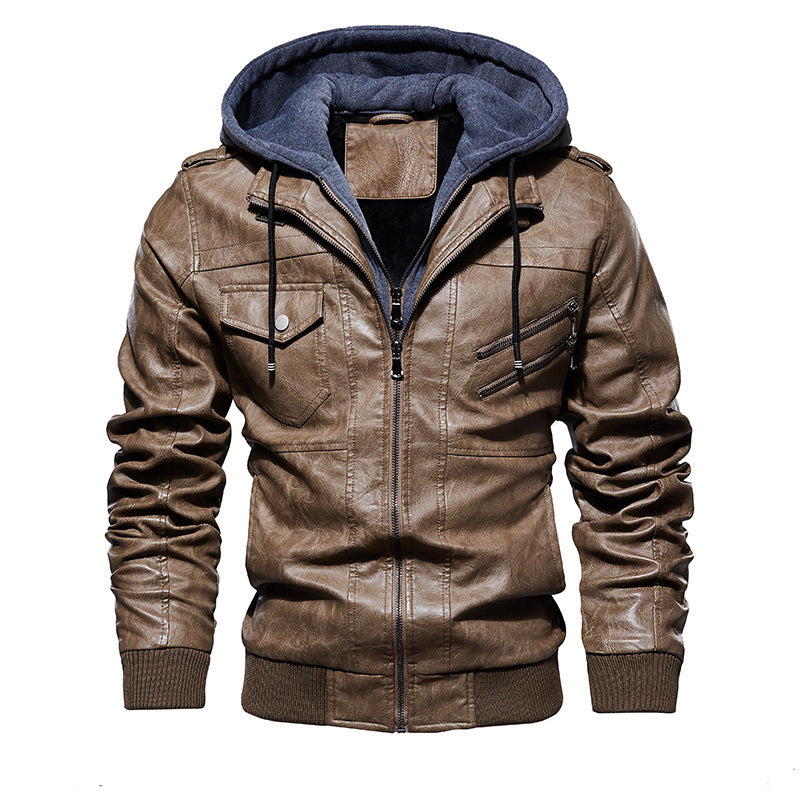 Herren Lederjacke Lässig Mit Kapuze Viel Taschen