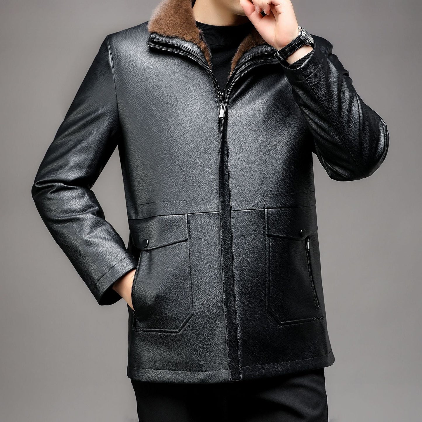 Herren Lederjacke Gefüttert Ledermantel Schwarz Elegant