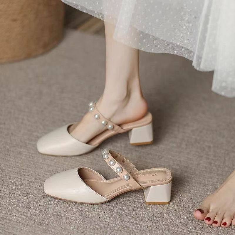 Damen Sandalen Geschlossen mit Blockabsatz und Perlen