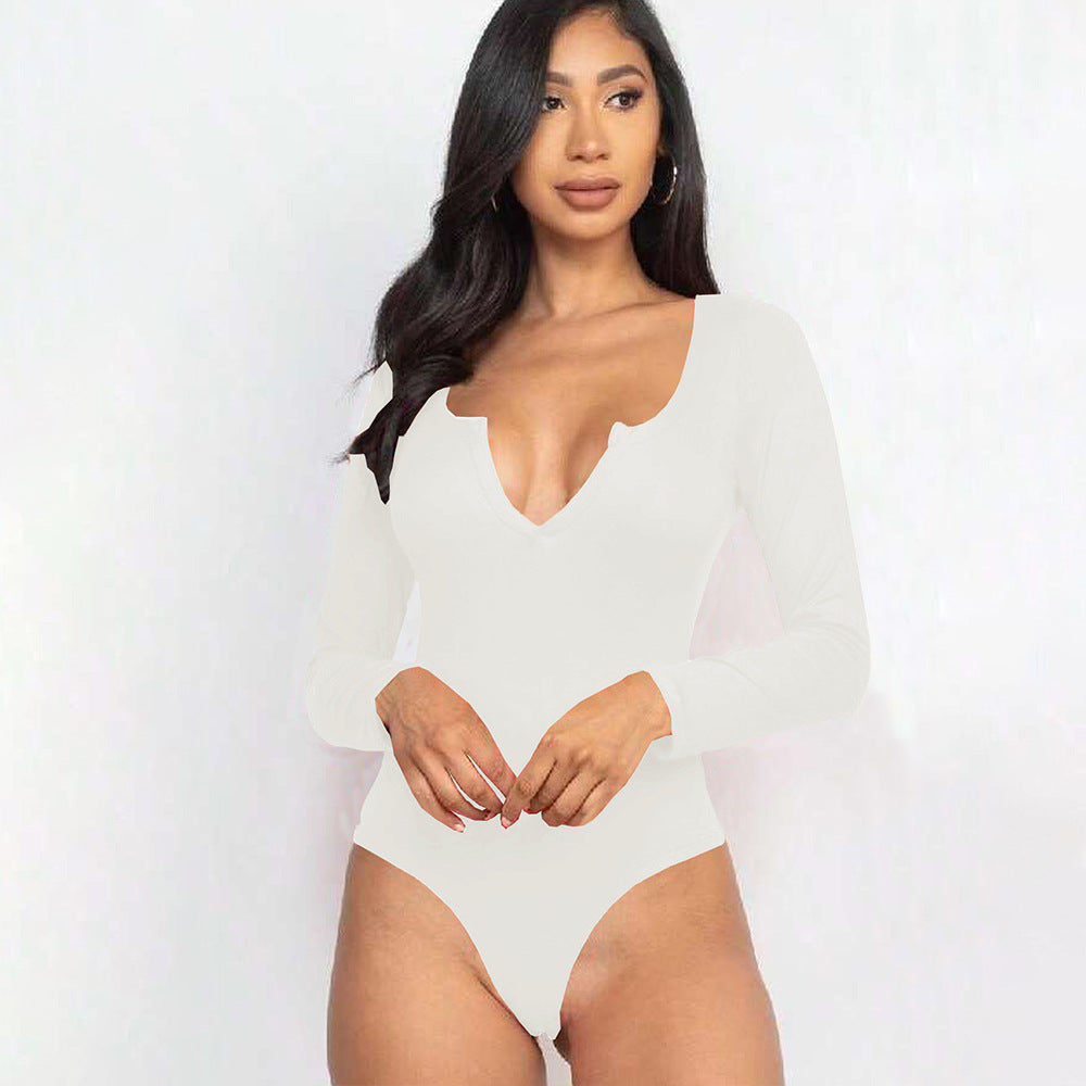 Damen Body V-Ausschnitt Langarm Sexy