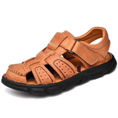 Herren Leder Sandalen Rutschfest Verstellbar Klettverschluss