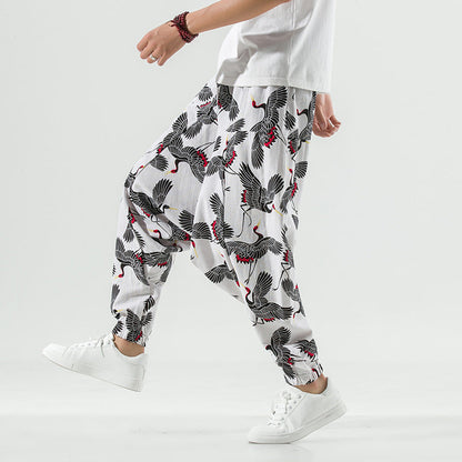 Herren Haremshose Lässig Atmungsaktiv Kranich-Muster Trendy