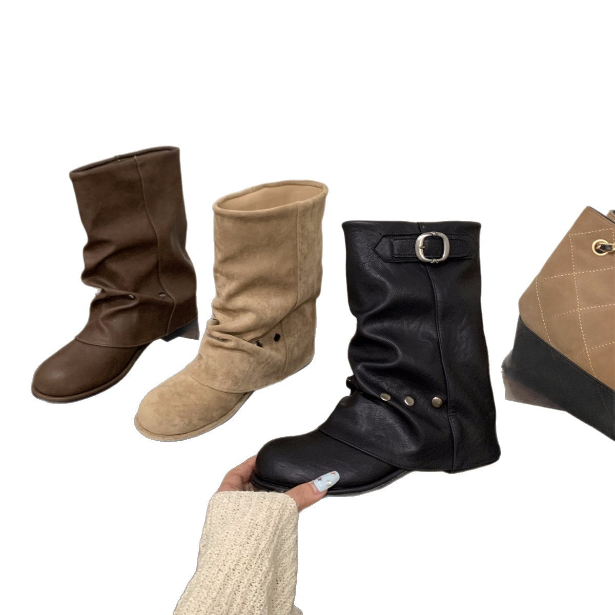 Damen Stiefel Elegant mit Faltenwurf und Druckknöpfen