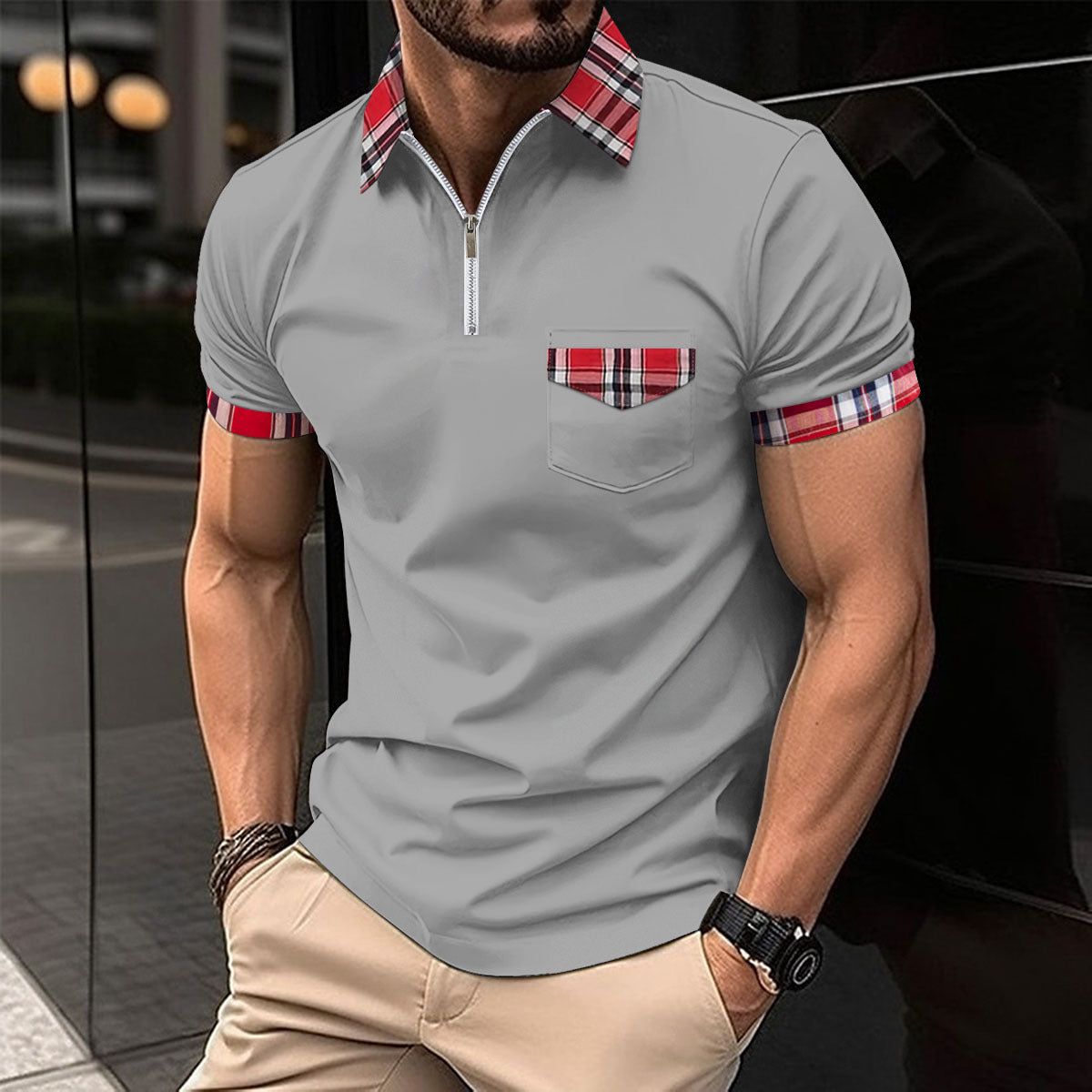 Herren Polohemd Karomuster Modern mit Reißverschluss