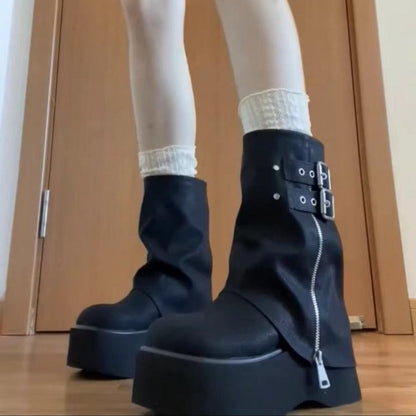 Damen Stiefel Plateau Moderne Riemen Design Reißverschluss