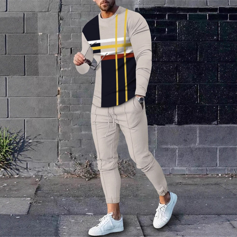 Herren Sportset Langarmshirt Jogginghose Streifenmuster Modern