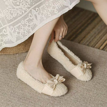 Damen Pantoletten Flauschig Schleifen Design Warm - BerlinGlamour
