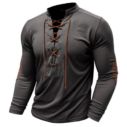 Herren Langarmshirt Modern mit Schnürung und V-Ausschnitt