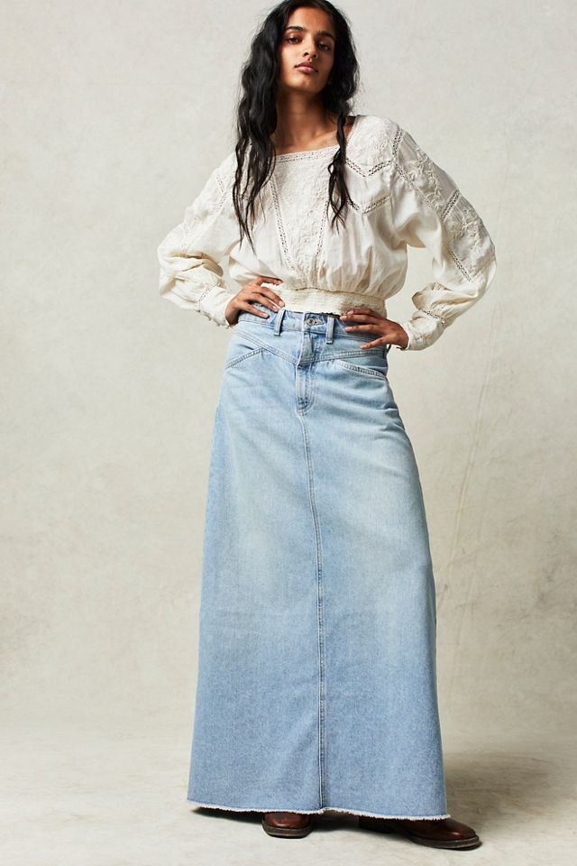 Damen Denim-Rock Hochtailliert mit Taschen Lang